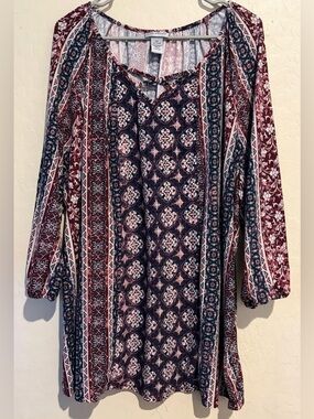 Catherines Plus Size Boho Peasant Blouse Red Blue Print 3/4 Sleeve Flowy Top- 2x